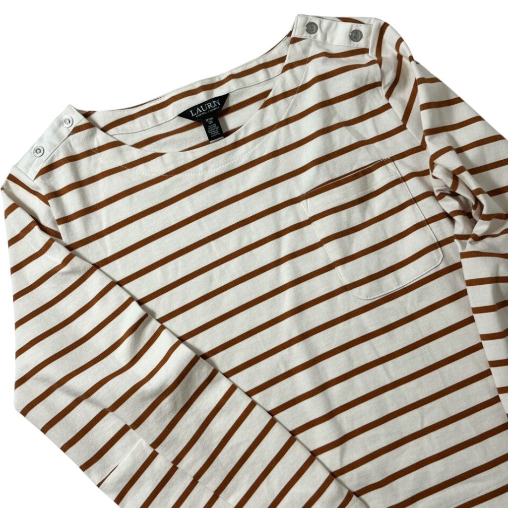 Lauren Ralph Lauren Striped Button Shoulder Long Sleeve Top Brown Cream LRL XL