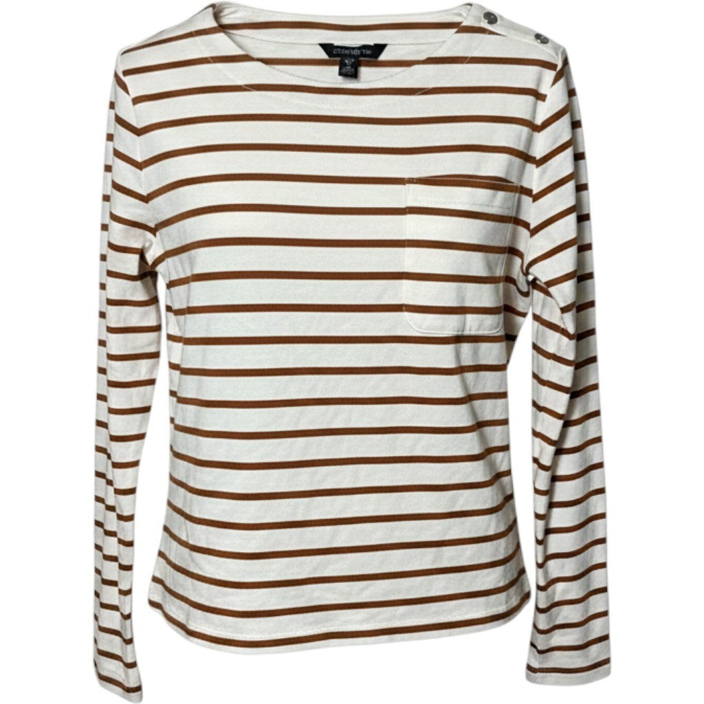Lauren Ralph Lauren Striped Button Shoulder Long Sleeve Top Brown Cream LRL XL