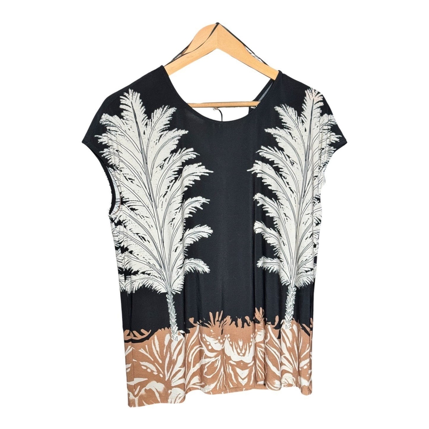 Vince Camuto MSRP$59 Black Tropical Palm Print Cap Sleeve Tie Back Blouse Top XL