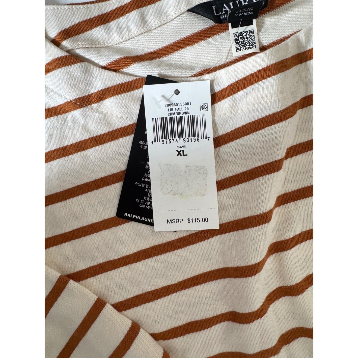 Lauren Ralph Lauren Striped Button Shoulder Long Sleeve Top Brown Cream LRL XL