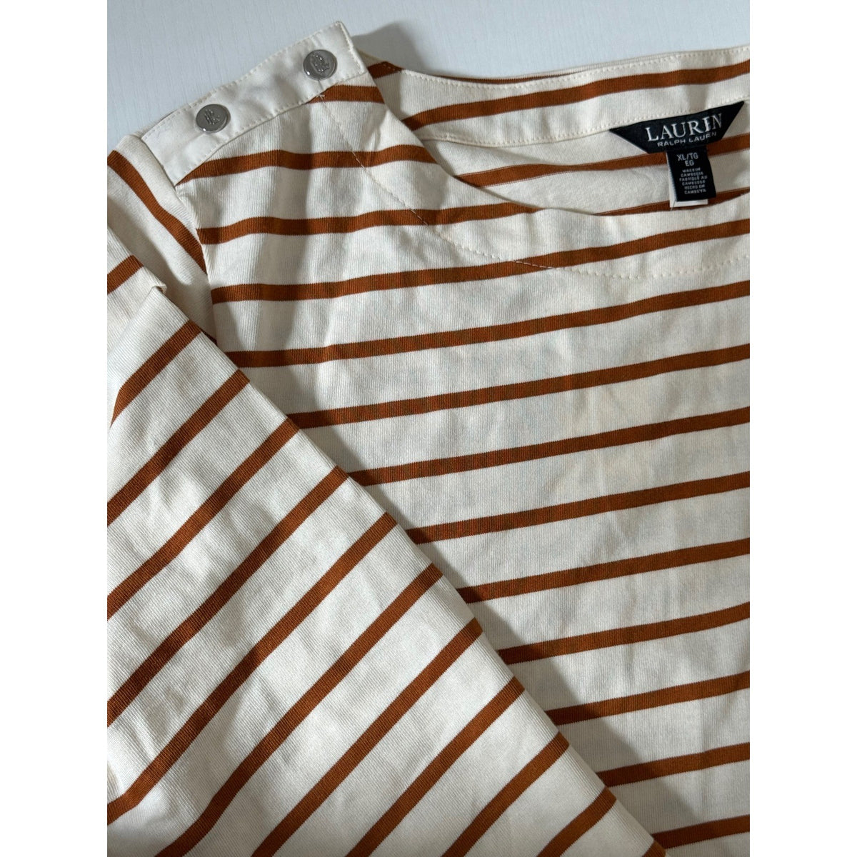 Lauren Ralph Lauren Striped Button Shoulder Long Sleeve Top Brown Cream LRL XL