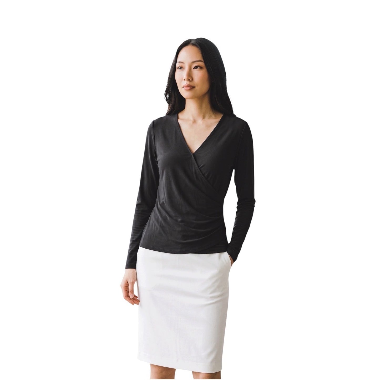 INC International Concepts Womens Deep Black Surplice Ruched Long Sleeve Top S