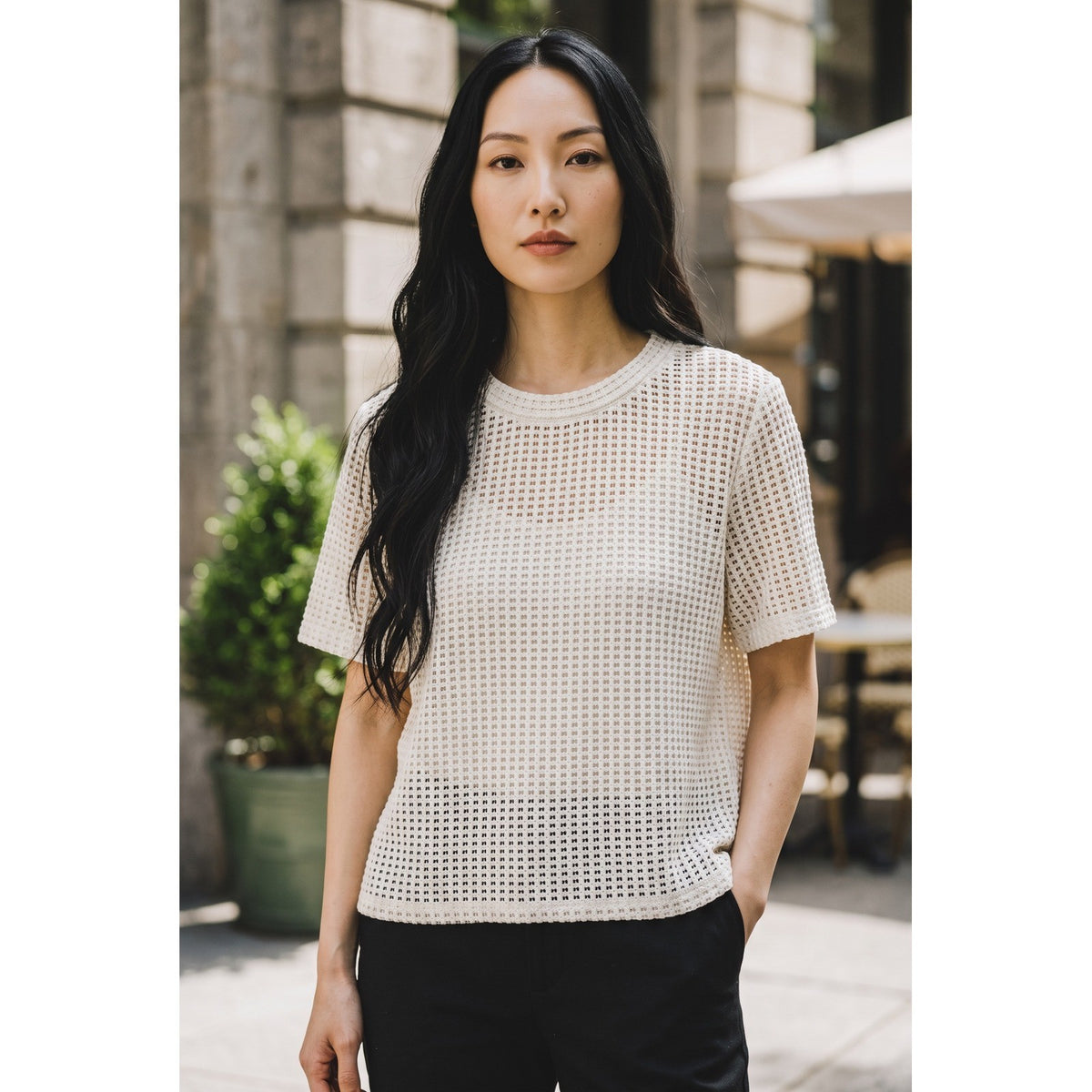 Vince Camuto Womens Cream Open Stitch Grid Knit Short Sleeve Crew Neck Top M
