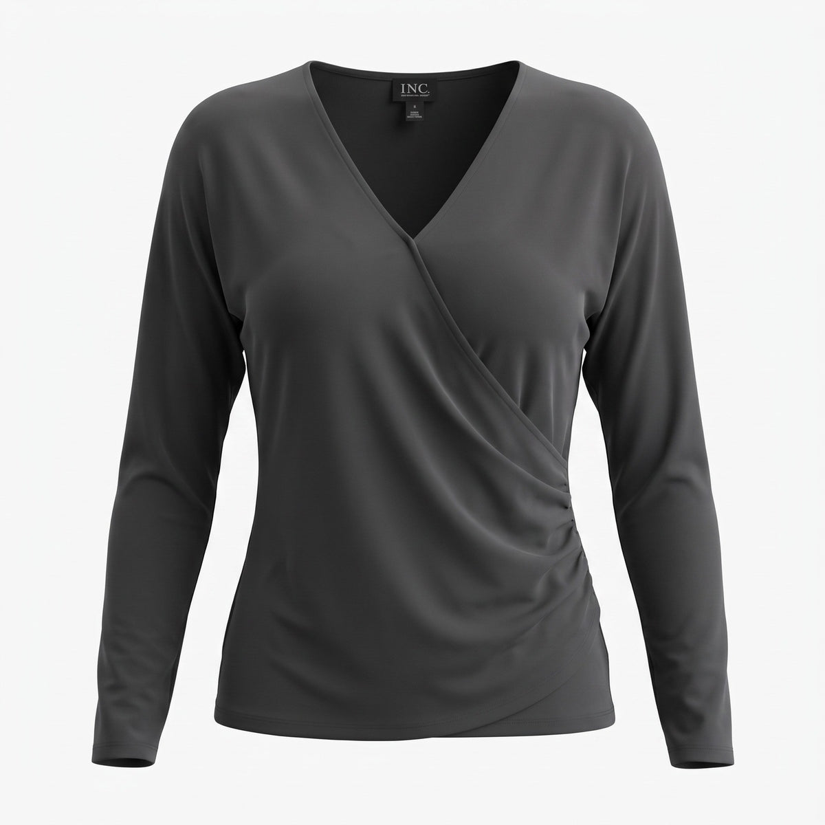 INC International Concepts Womens Deep Black Surplice Ruched Long Sleeve Top S