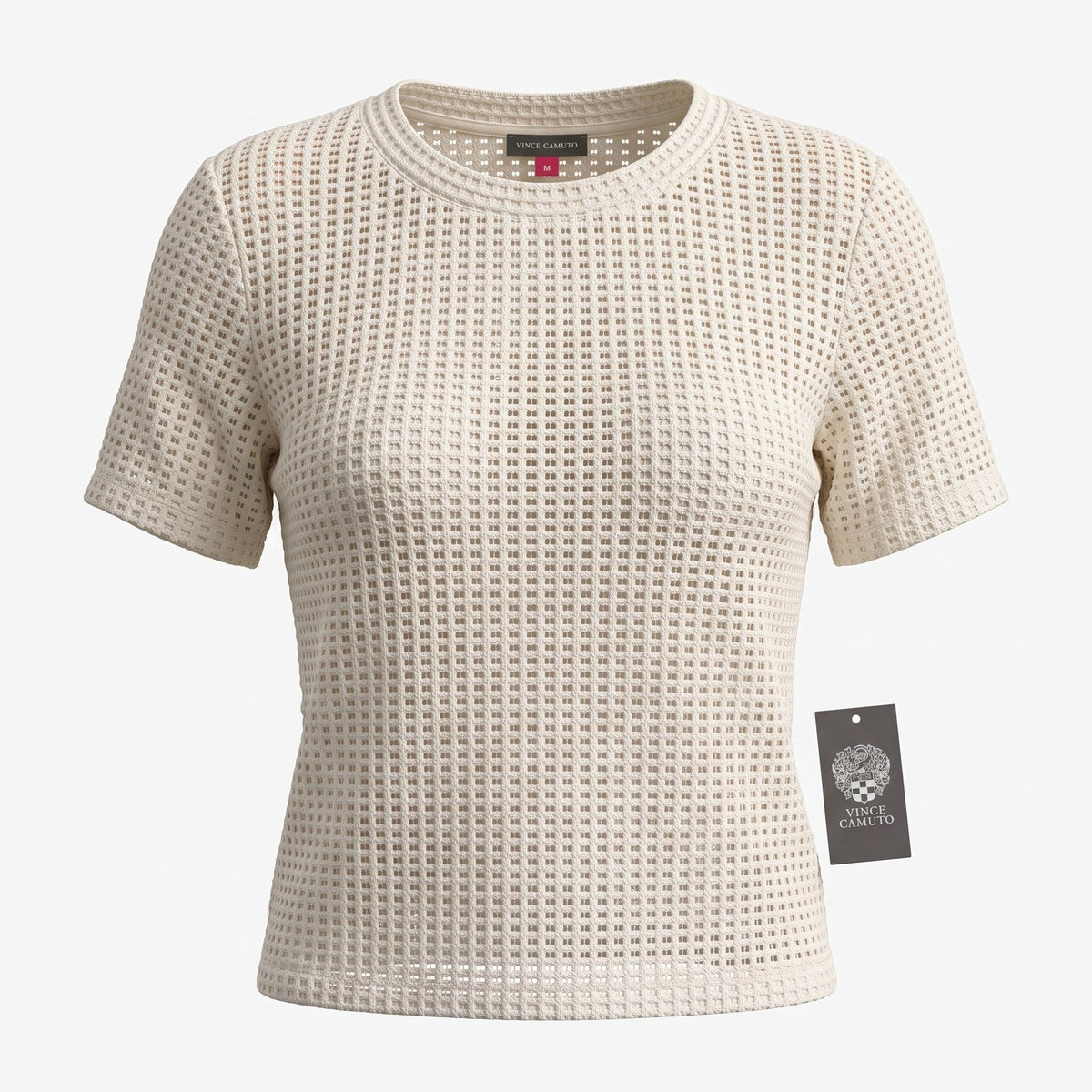Vince Camuto Womens Cream Open Stitch Grid Knit Short Sleeve Crew Neck Top M
