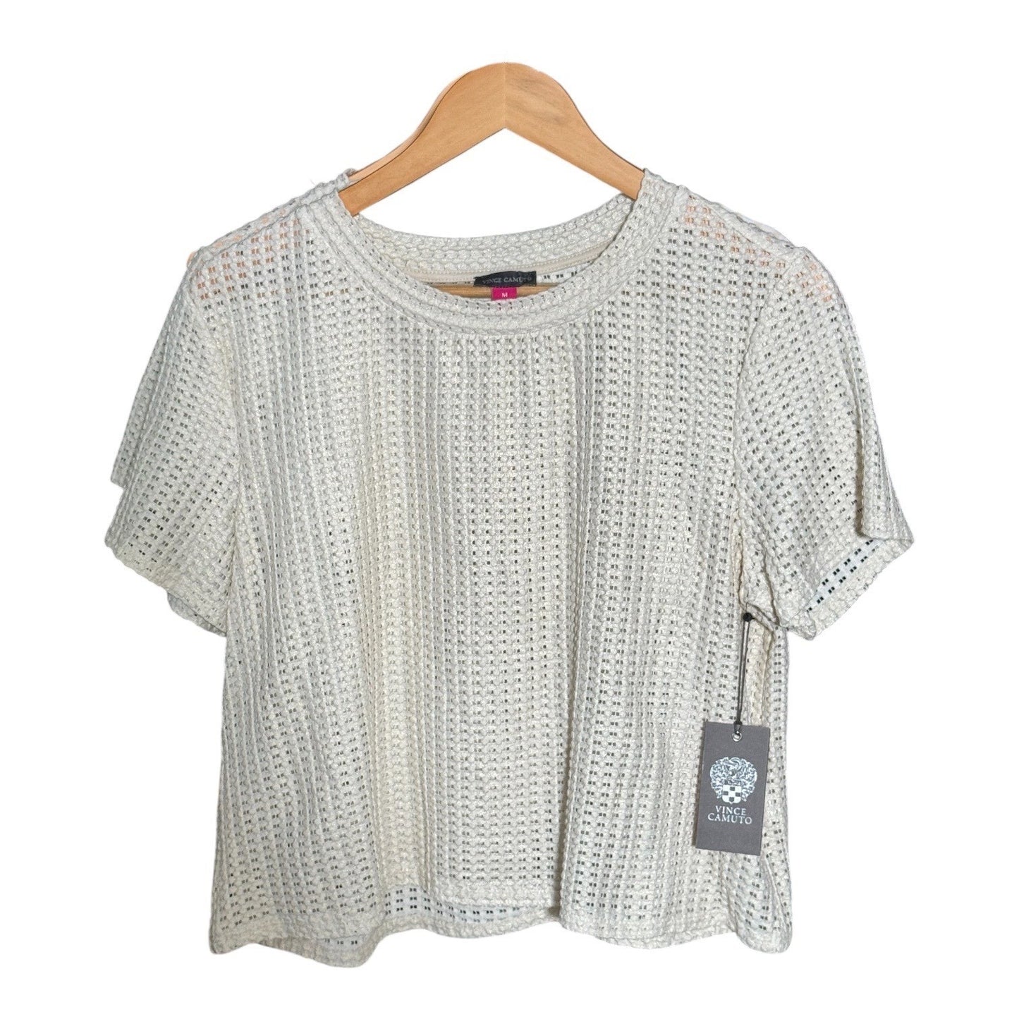 Vince Camuto Womens Cream Open Stitch Grid Knit Short Sleeve Crew Neck Top M