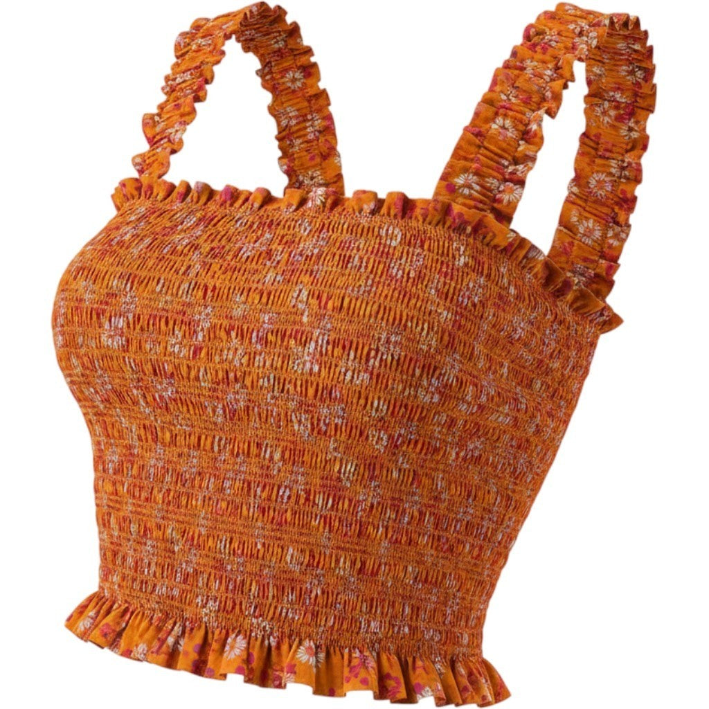 WAYF Orange Floral Smocked Crop Top Ruffle Strap Peplum 71023NRCH Womens Size M