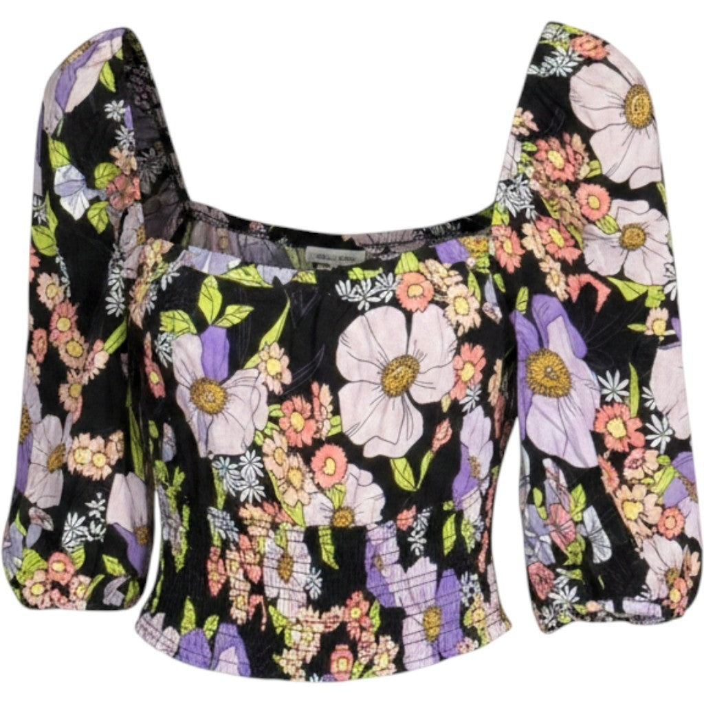 AFRM Los Angeles Floral Smocked Crop Top Black Pink Purple AET033469 Womens