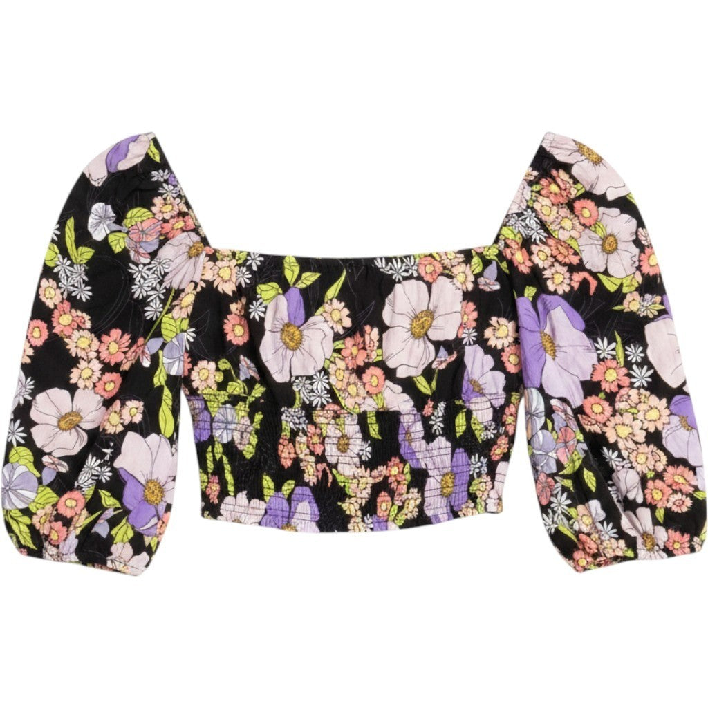 AFRM Los Angeles Floral Smocked Crop Top Black Pink Purple AET033469 Womens