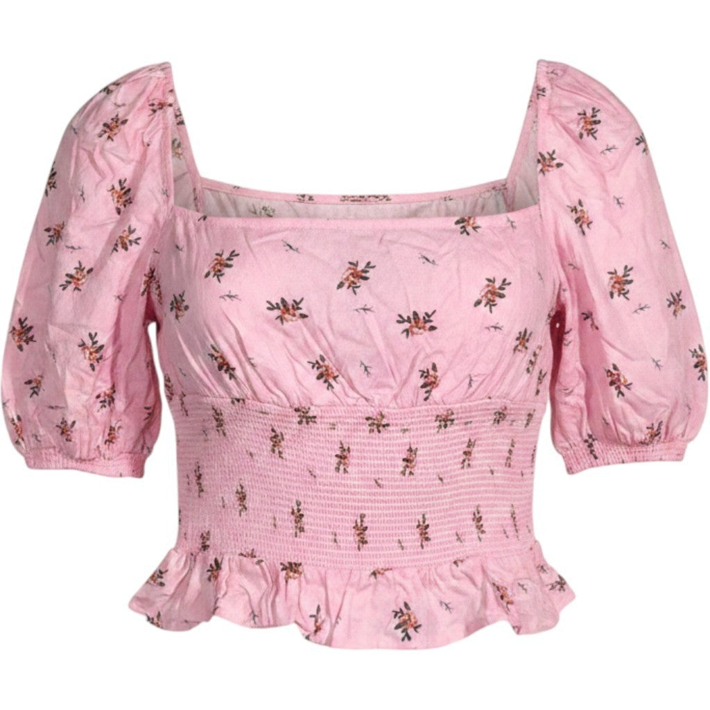 AFRM Pink Floral Smocked Puff Sleeve Crop Top Square Neck Open Back AET028114 M