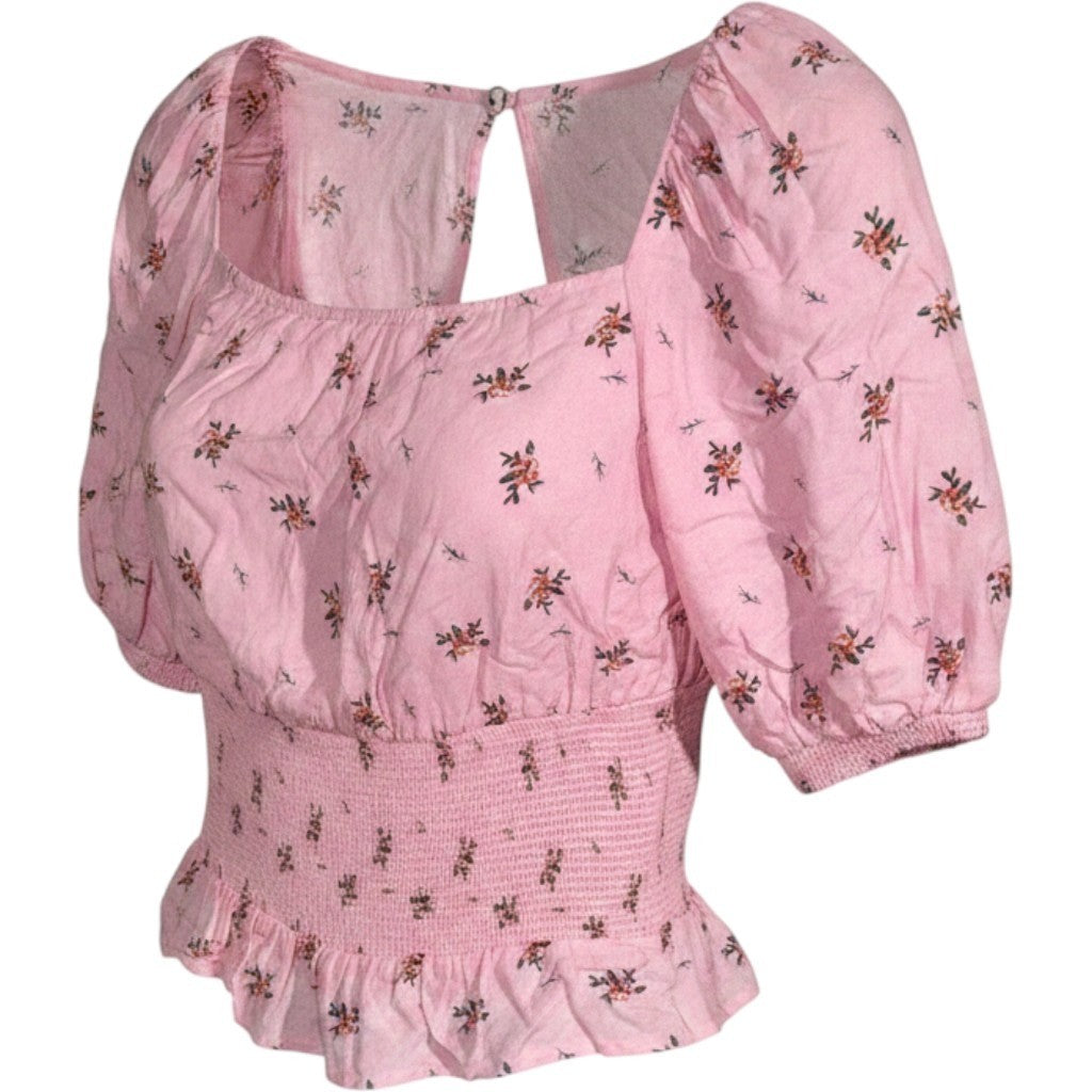 AFRM Pink Floral Smocked Puff Sleeve Crop Top Square Neck Open Back AET028114 M