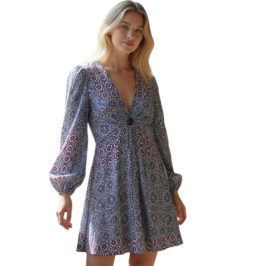 Angie Boho Patchwork Mini Dress Blue Purple V-Neck Long Sleeve Tunic Womens M