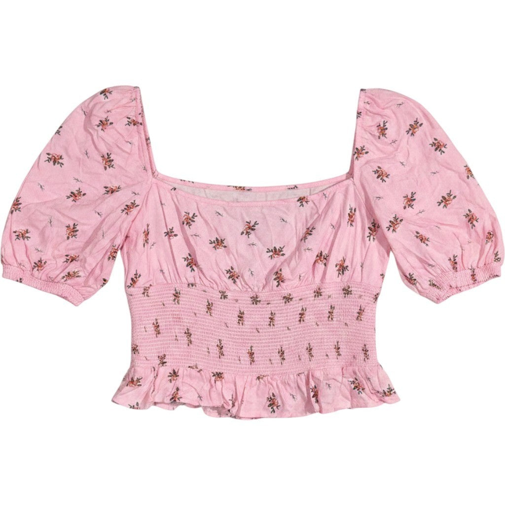 AFRM Pink Floral Smocked Puff Sleeve Crop Top Square Neck Open Back AET028114 M