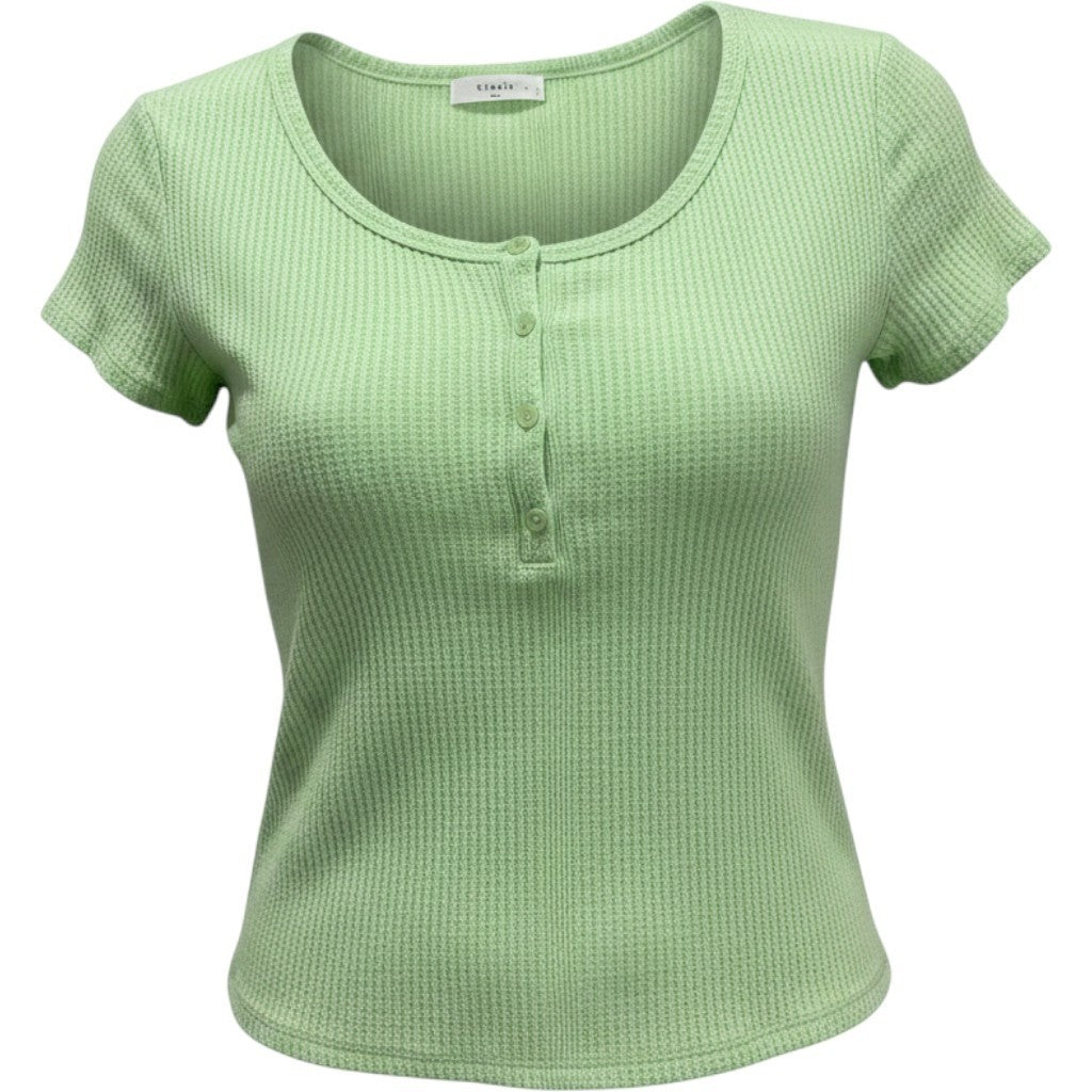 Elodie Womens Sage Green Waffle Knit Button Down Short Sleeve Top Medium CTEO353