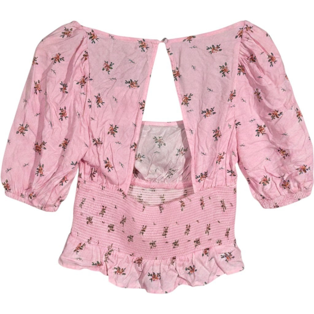 AFRM Pink Floral Smocked Puff Sleeve Crop Top Square Neck Open Back AET028114 M