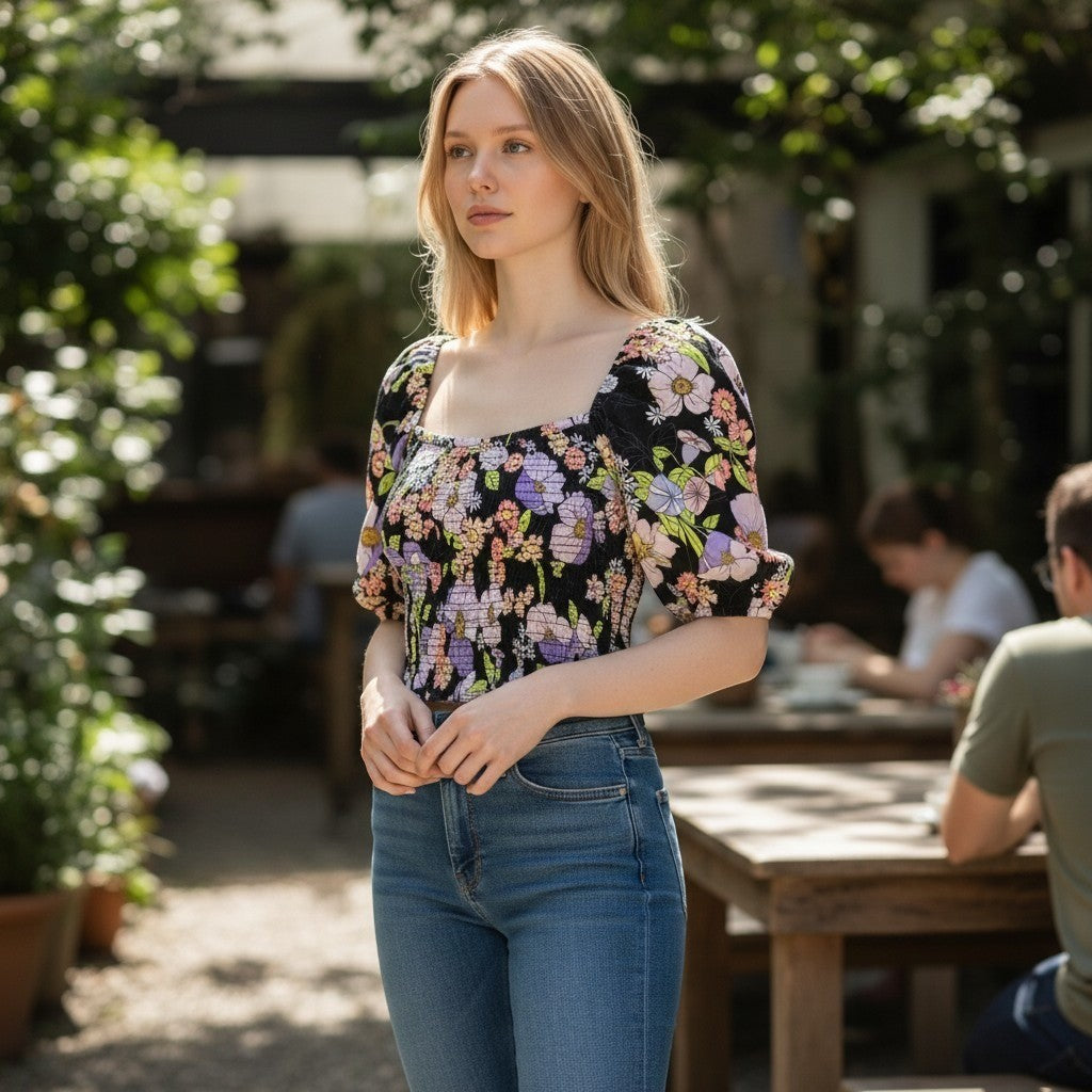 AFRM Los Angeles Floral Smocked Crop Top Black Pink Purple AET033469 Womens