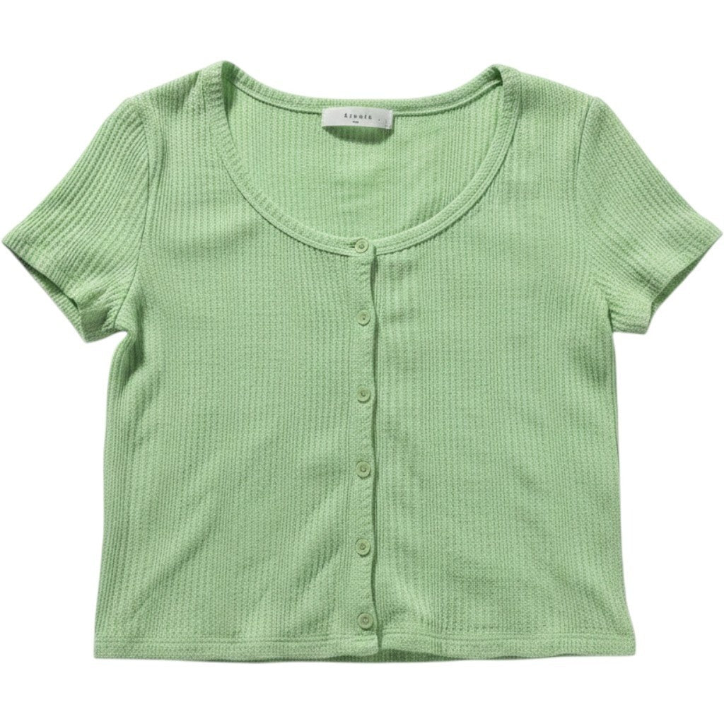 Elodie Womens Sage Green Waffle Knit Button Down Short Sleeve Top Medium CTEO353