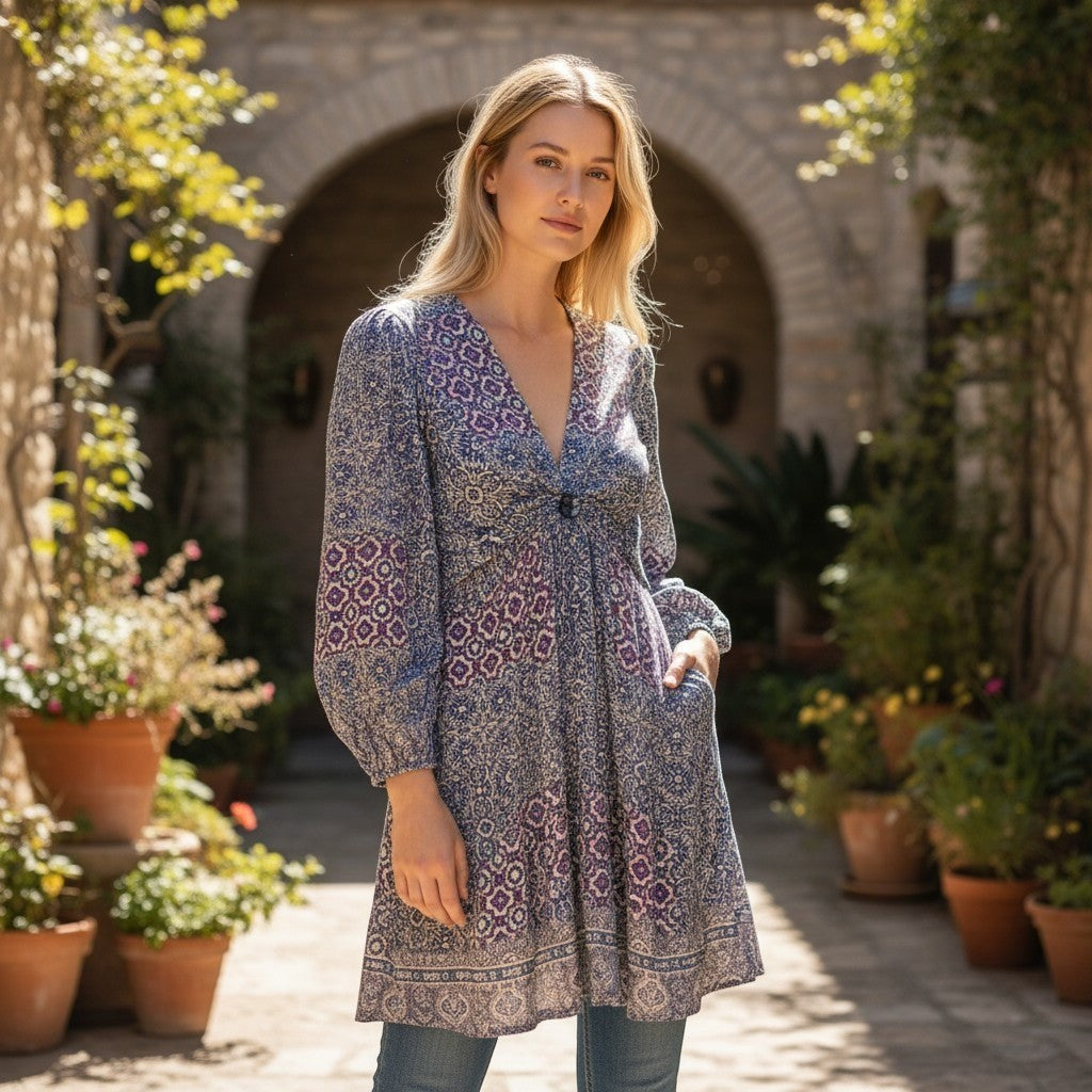Angie Boho Patchwork Mini Dress Blue Purple V-Neck Long Sleeve Tunic Womens M