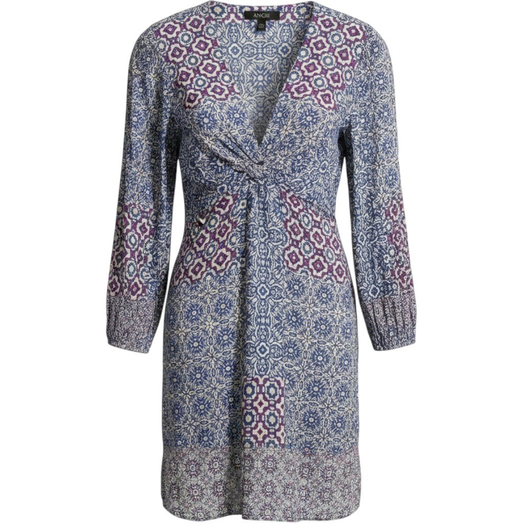 Angie Boho Patchwork Mini Dress Blue Purple V-Neck Long Sleeve Tunic Womens M