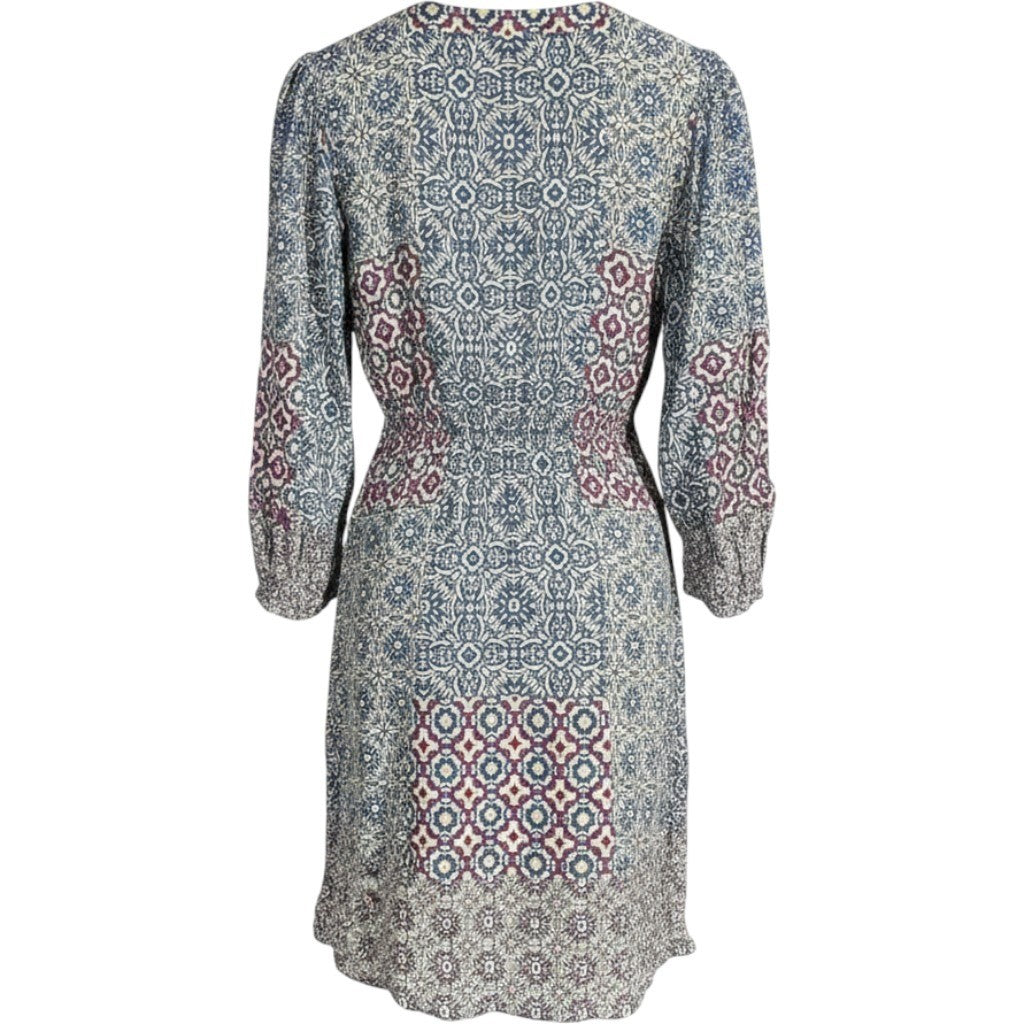 Angie Boho Patchwork Mini Dress Blue Purple V-Neck Long Sleeve Tunic Womens M