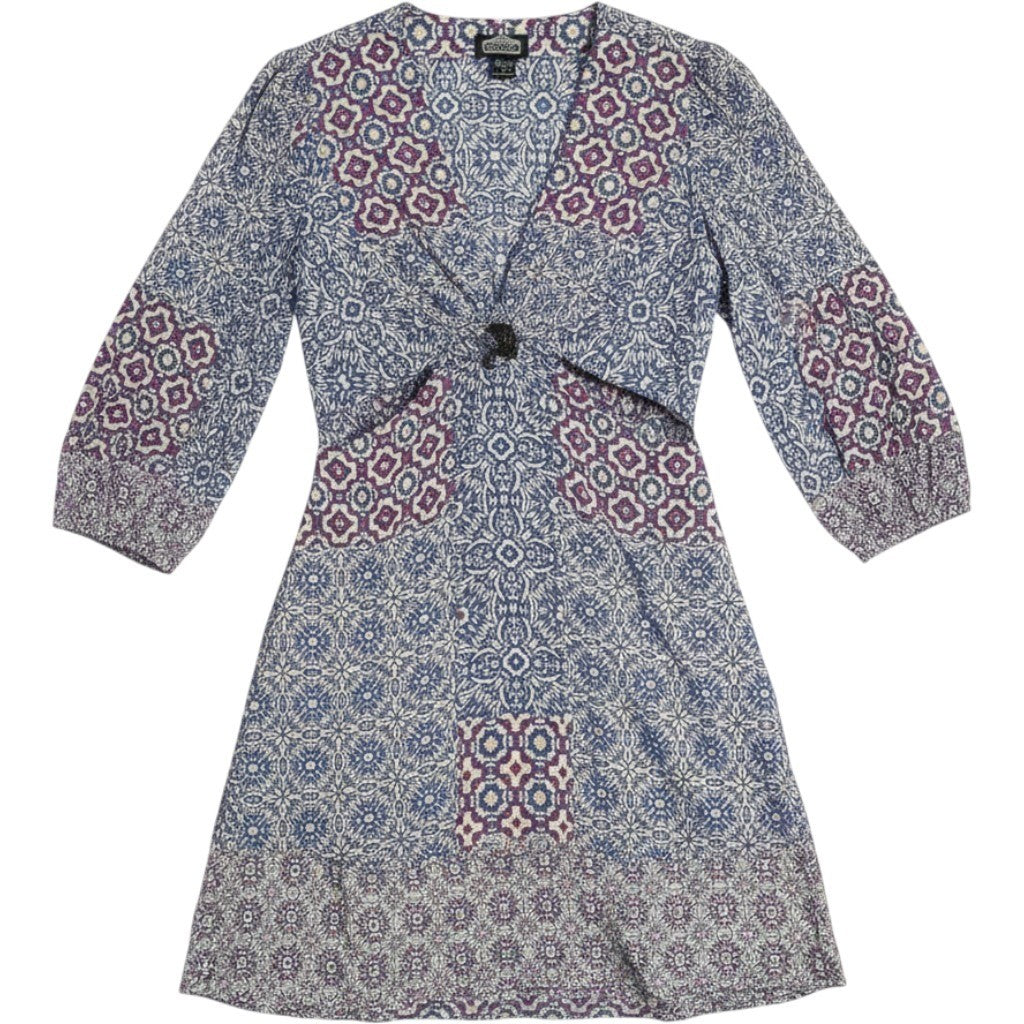 Angie Boho Patchwork Mini Dress Blue Purple V-Neck Long Sleeve Tunic Womens M
