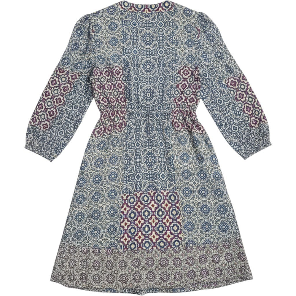 Angie Boho Patchwork Mini Dress Blue Purple V-Neck Long Sleeve Tunic Womens M