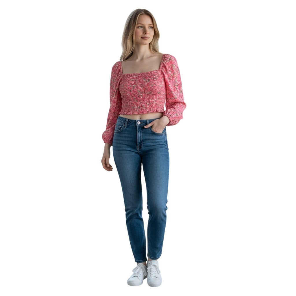 AFRM Los Angeles Pink Floral Smocked Puff Sleeve Crop Top Square Neck NWT XL