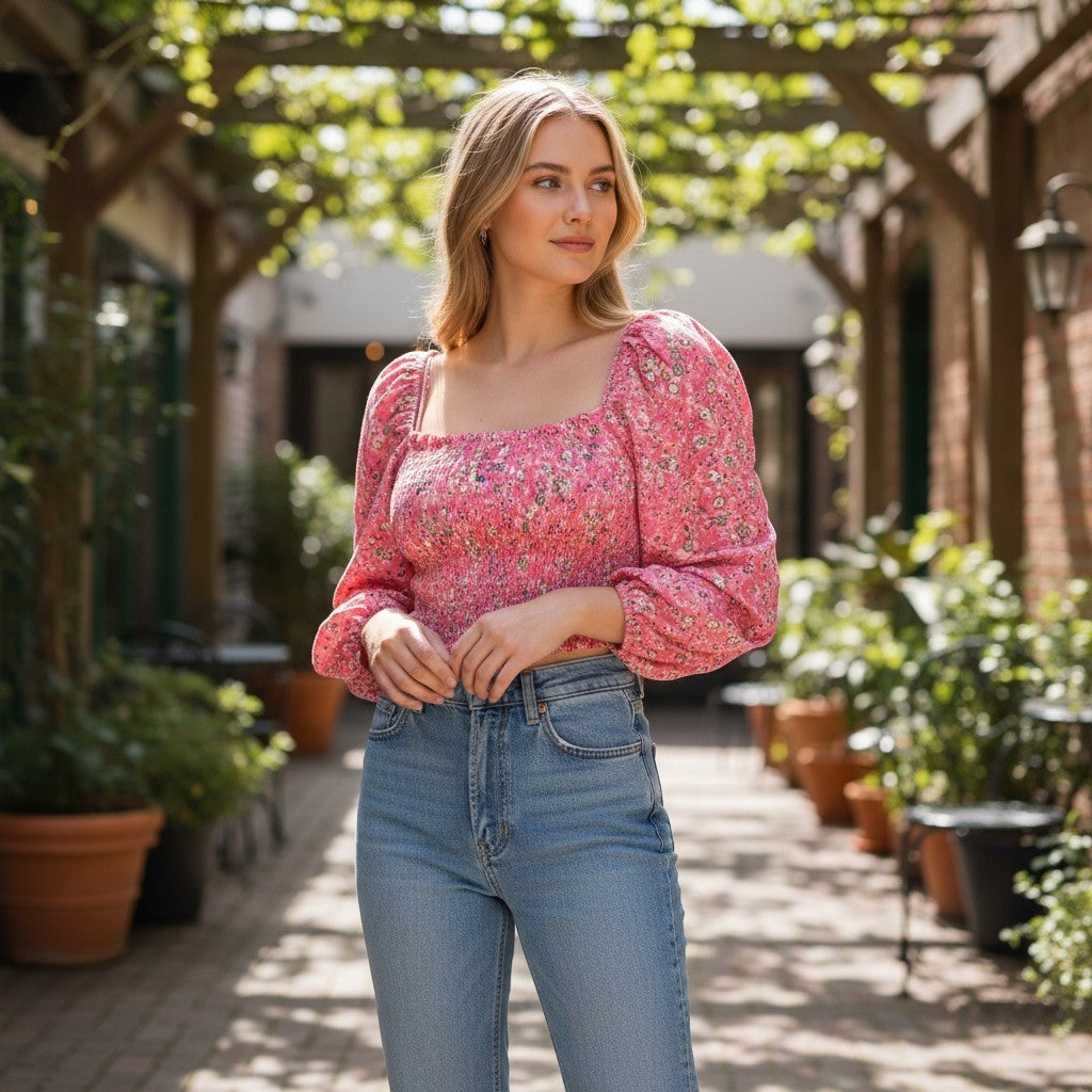 AFRM Los Angeles Pink Floral Smocked Puff Sleeve Crop Top Square Neck NWT XS