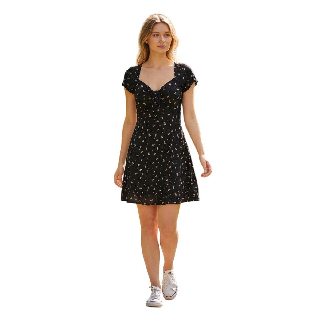 Abound Black Floral Tie Front Mini Dress XS Lenzing Ecovero Viscose Short Sleeve