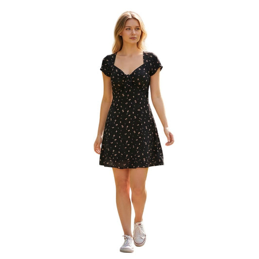 Abound Black Floral Tie Front Mini Dress XS Lenzing Ecovero Viscose Short Sleeve