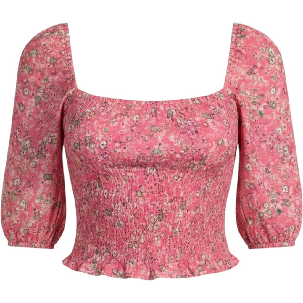 AFRM Los Angeles Pink Floral Smocked Puff Sleeve Crop Top Square Neck NWT XL