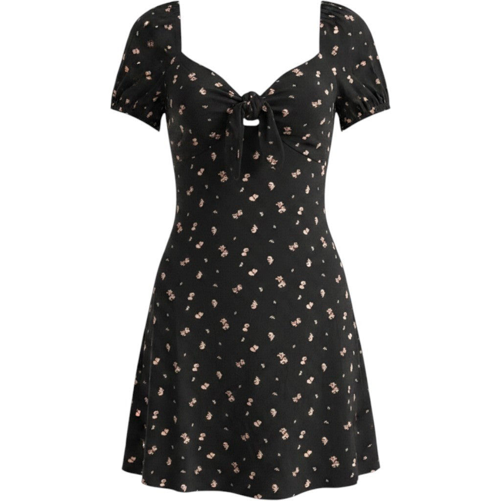 Abound Black Floral Tie Front Mini Dress XS Lenzing Ecovero Viscose Short Sleeve