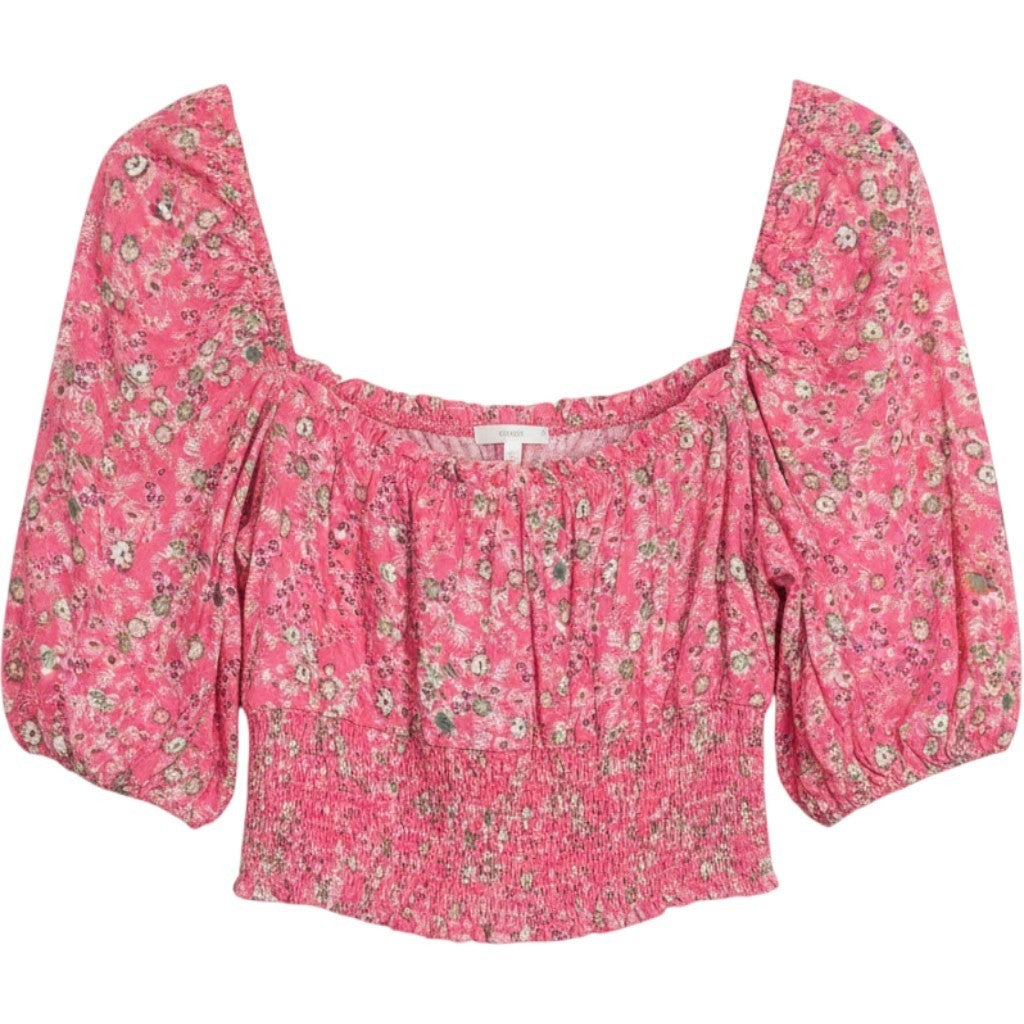 AFRM Los Angeles Pink Floral Smocked Puff Sleeve Crop Top Square Neck NWT XS