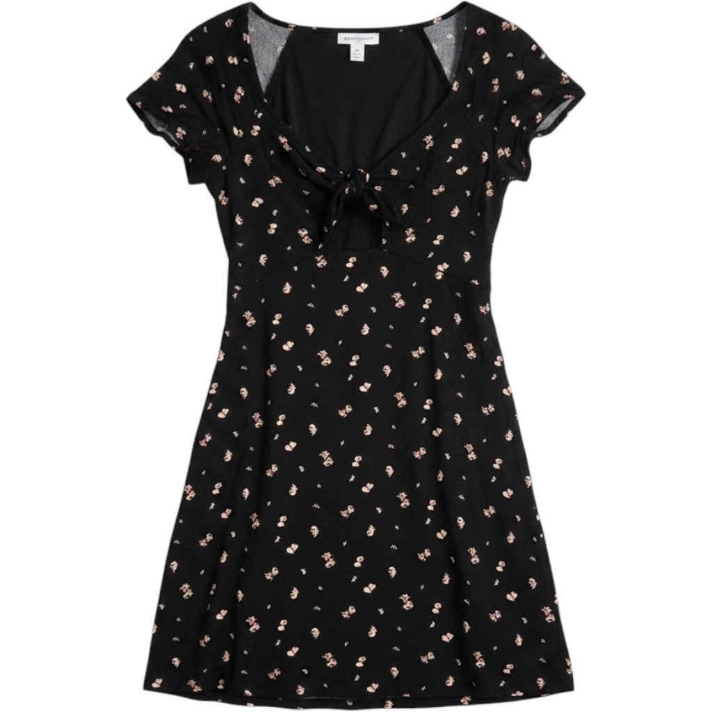 Abound Black Floral Tie Front Mini Dress XS Lenzing Ecovero Viscose Short Sleeve