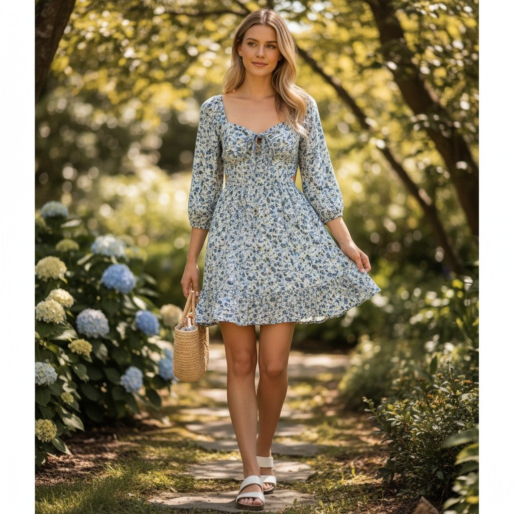 Lush Blue Floral Smocked Mini Dress Cutout Back Ruffle Hem DR97073-003 Size S