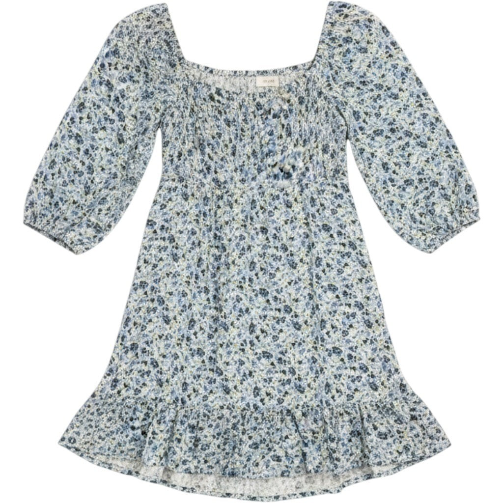 Lush Blue Floral Smocked Mini Dress Cutout Back Ruffle Hem DR97073-003 Size S
