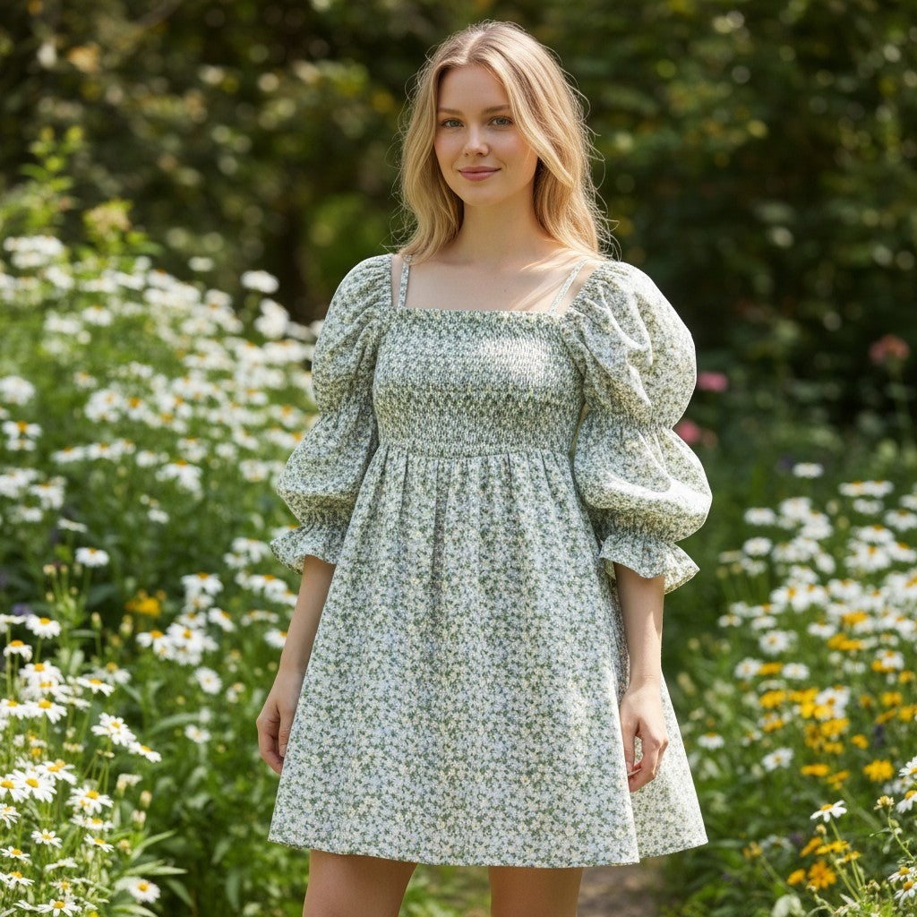 Lush Blue Floral Daisy Smocked Puff Sleeve Mini Dress DR97073-003 Cotton Size L