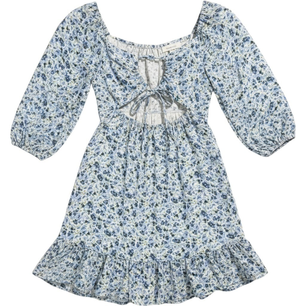 Lush Blue Floral Smocked Mini Dress Cutout Back Ruffle Hem DR97073-003 Size S