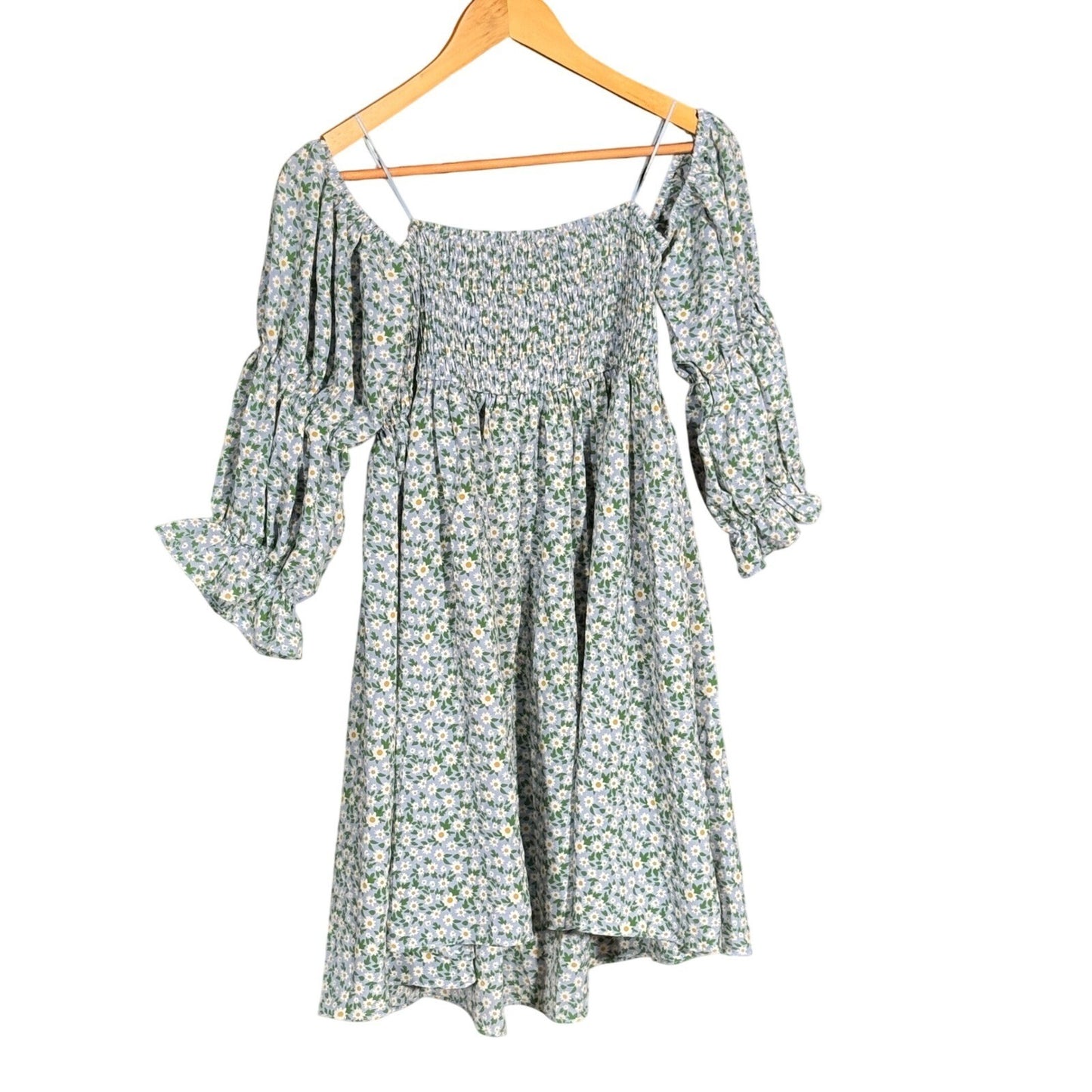 Lush Blue Floral Daisy Smocked Puff Sleeve Mini Dress DR97073-003 Cotton Size L