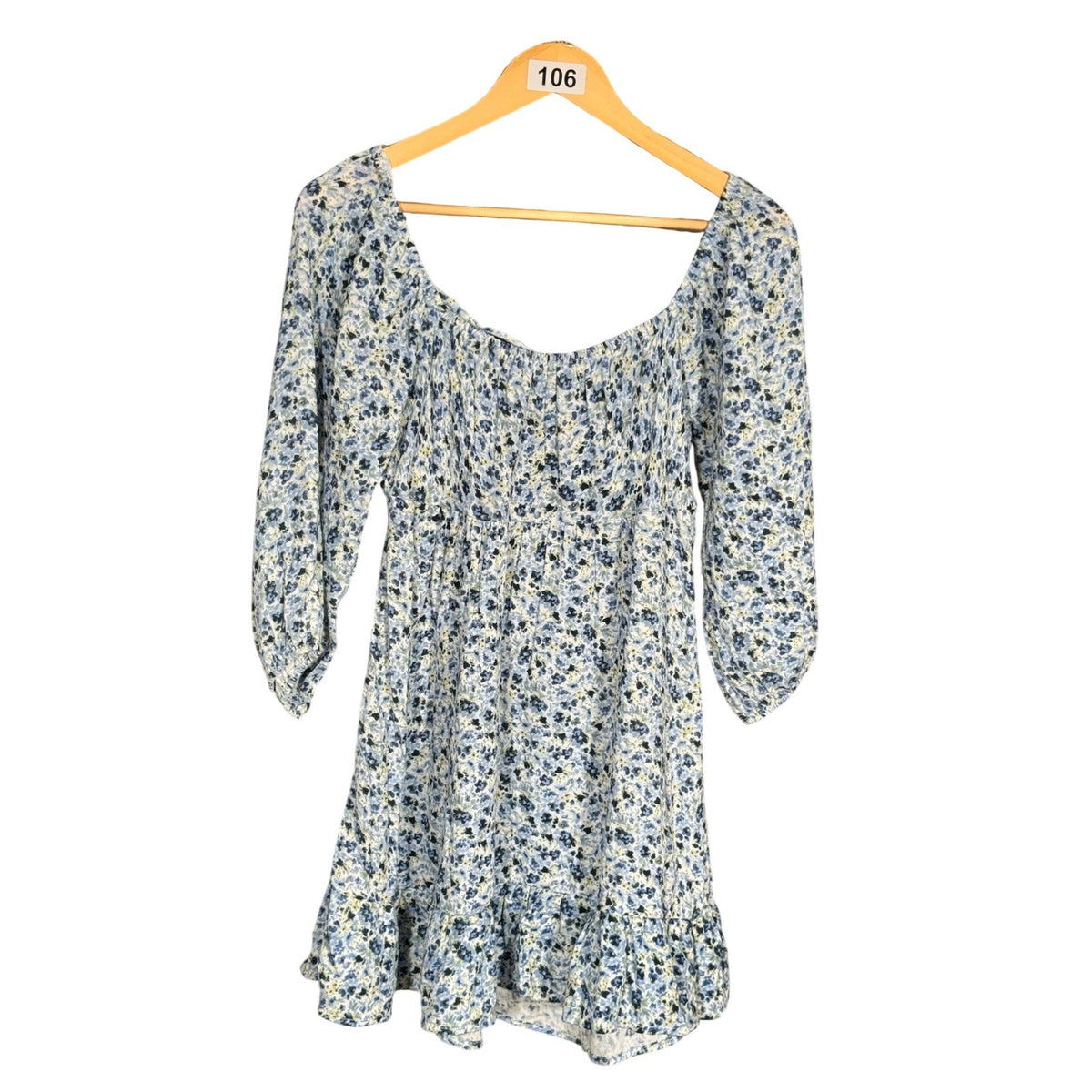 Lush Blue Floral Smocked Mini Dress Cutout Back Ruffle Hem DR97073-003 Size S