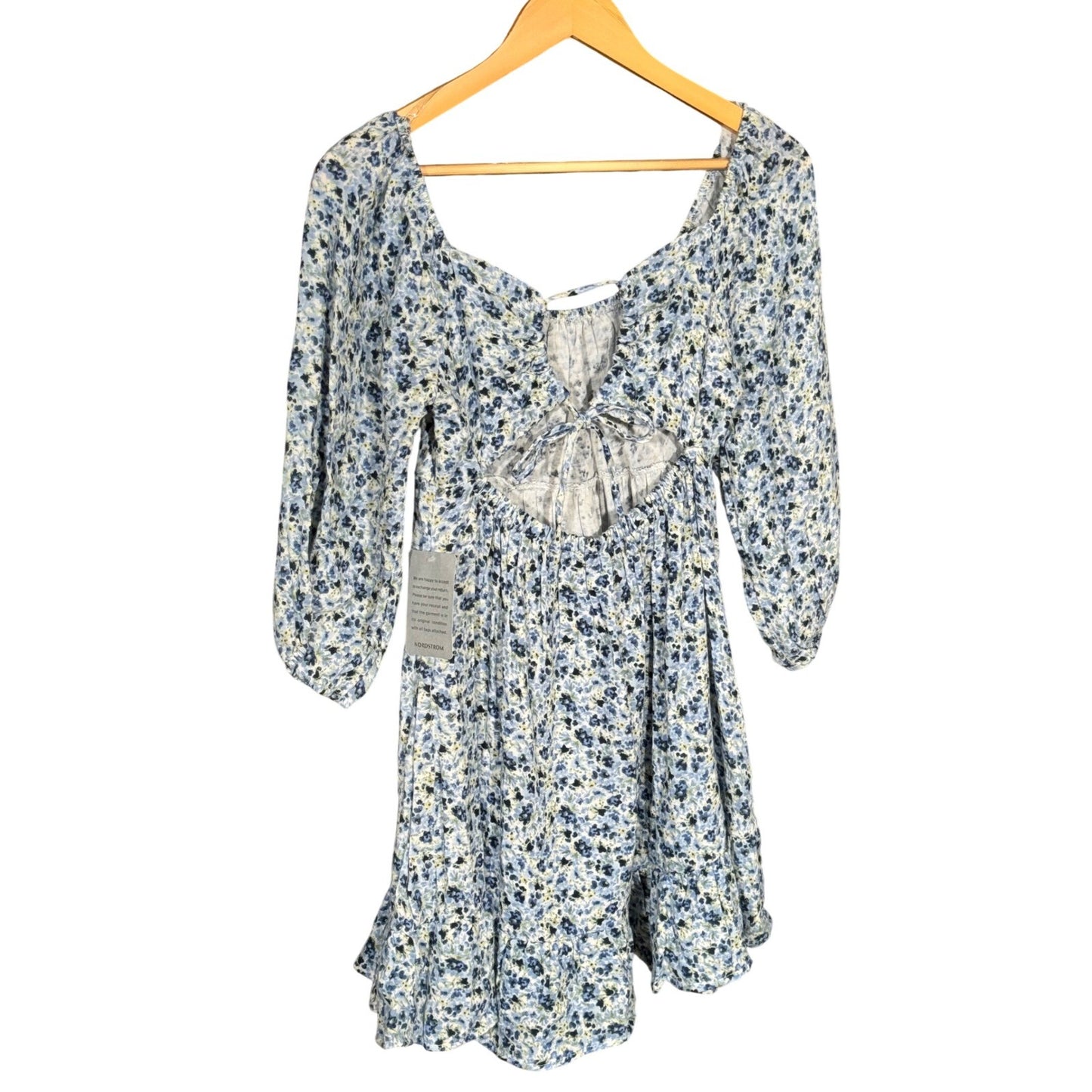 Lush Blue Floral Smocked Mini Dress Cutout Back Ruffle Hem DR97073-003 Size S