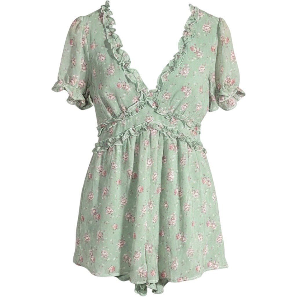 Row A Floral Ruffle V-Neck Romper Sage Green Pink XL 26AU20JQQI