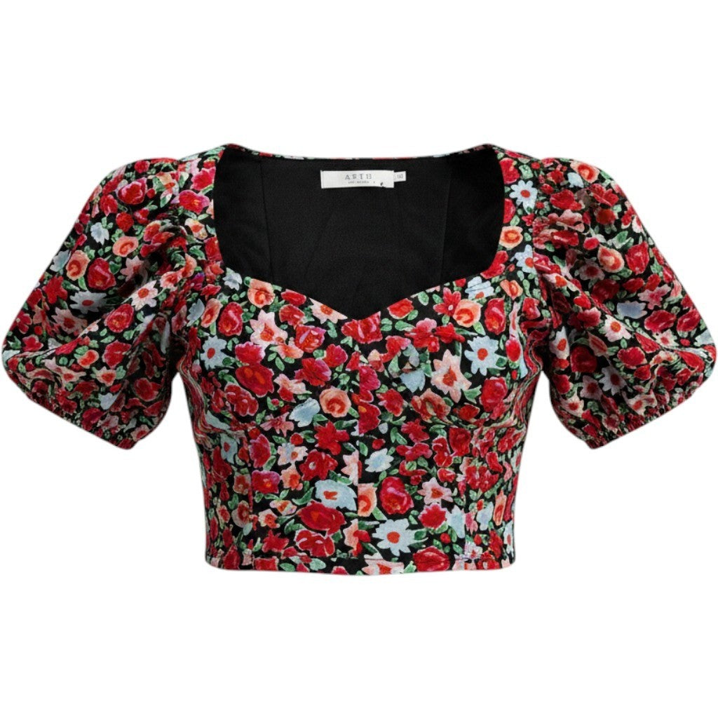 ASTR the Label Floral Puff Sleeve Sweetheart Top Red Black Multi AT17297-003 S