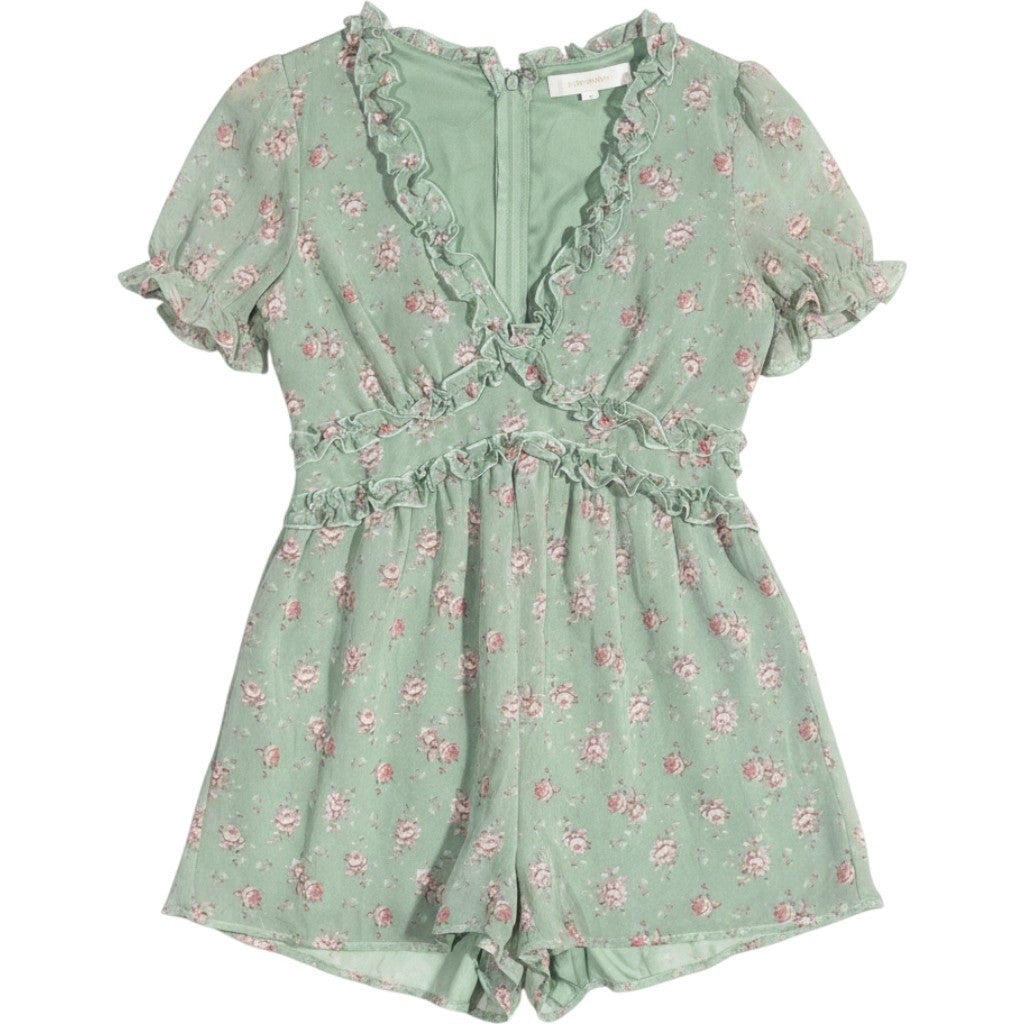 Row A Floral Ruffle V-Neck Romper Sage Green Pink XL 26AU20JQQI