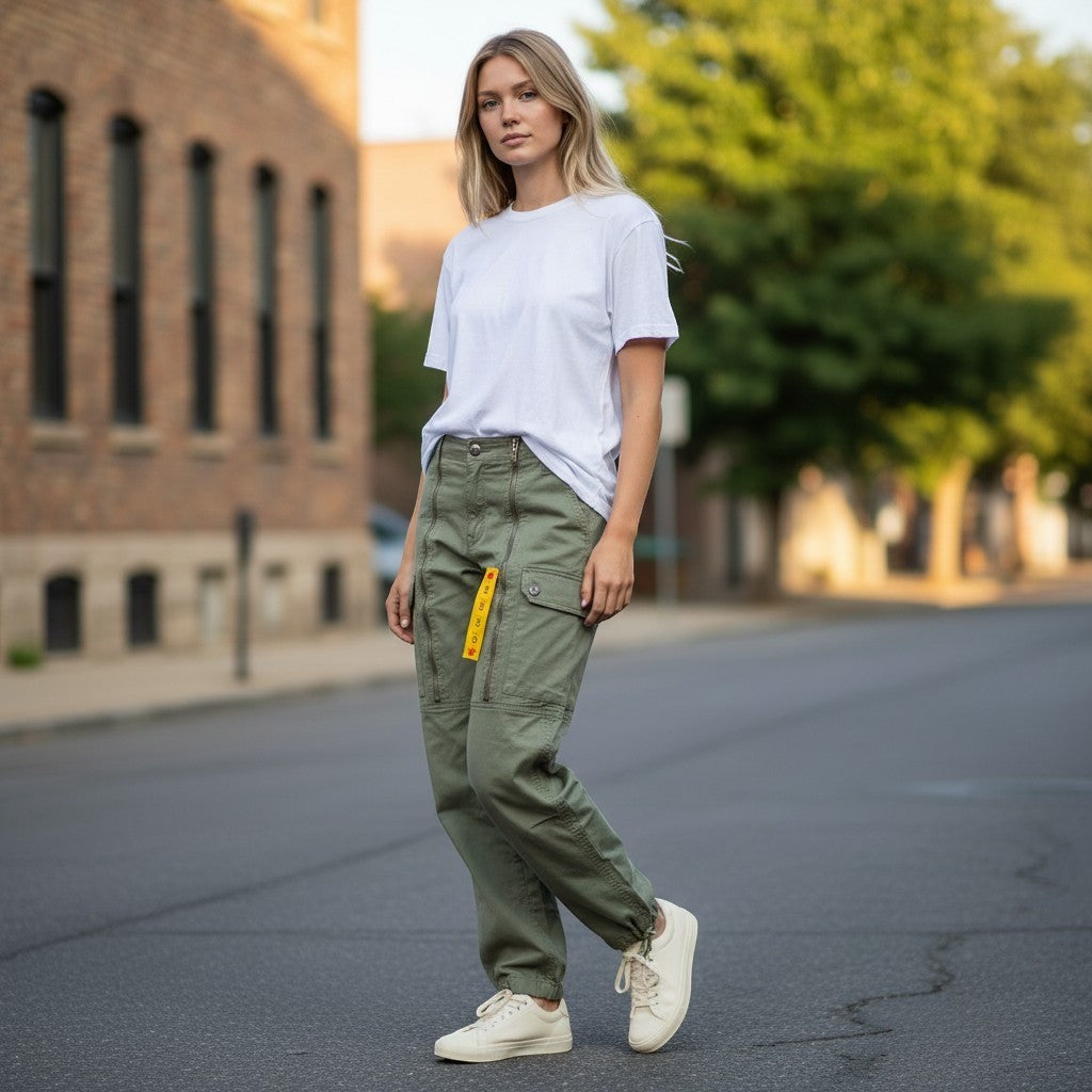 Boom-Boom Jeanswear Women Olive Green Cargo Pants Multi Zipper Y2K Size 7 NWT