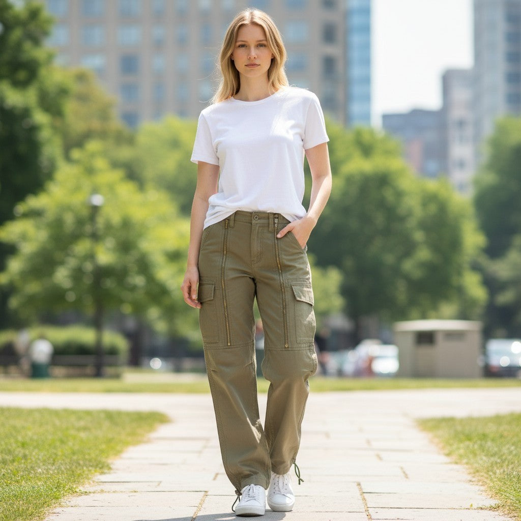 Boom-Boom Jeanswear Women Olive Green Cargo Pants Multi Zipper Y2K Size 7 NWT