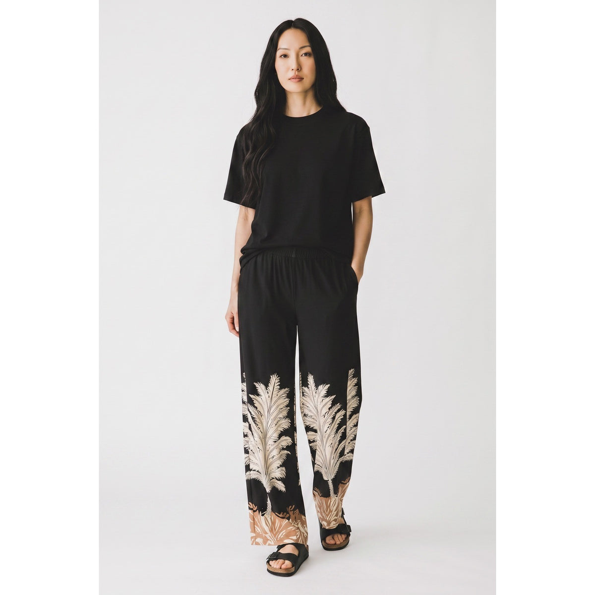 Vince Camuto Black Palm Leaf Border Print Wide Leg Pants Tropical Resort Wear XL