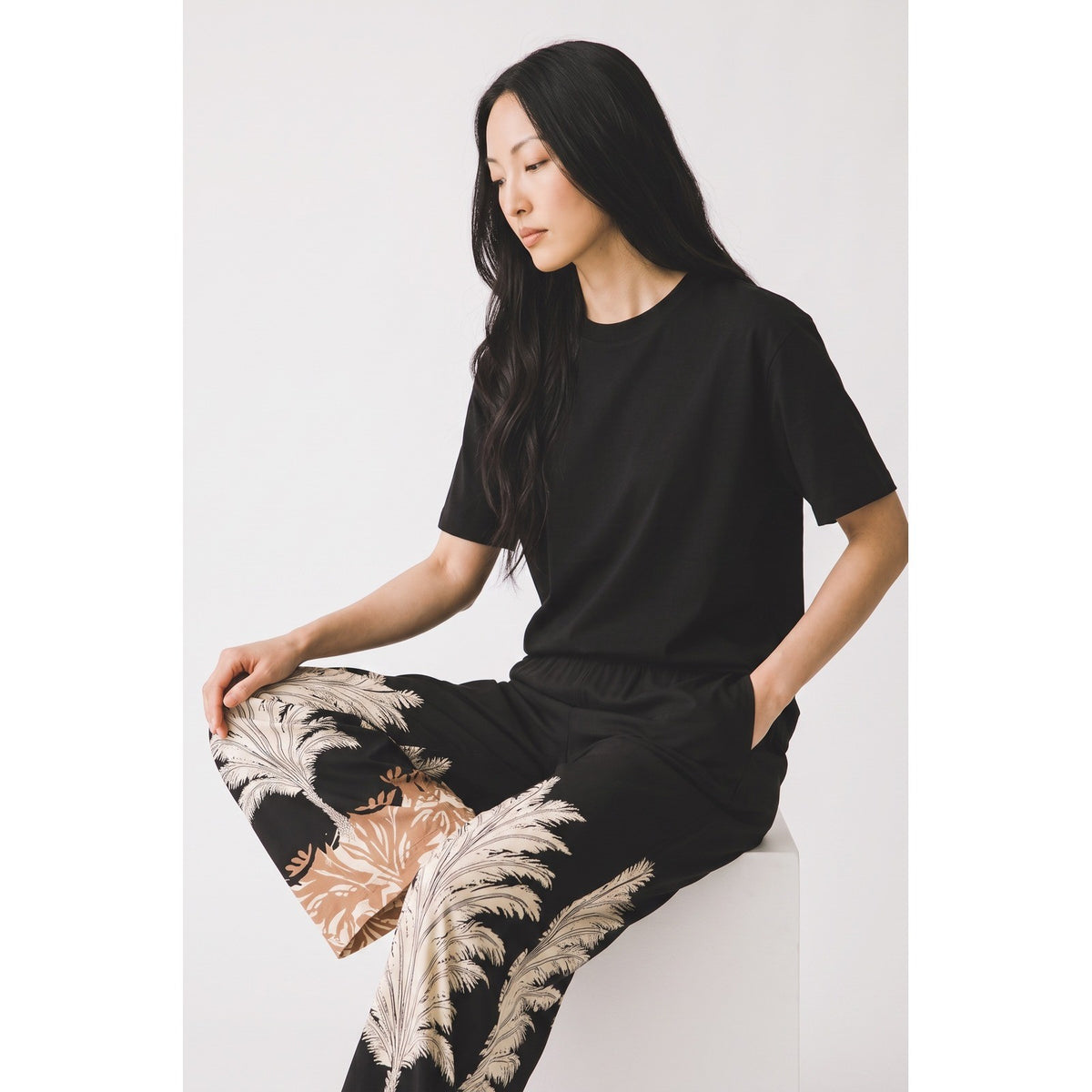 Vince Camuto Black Palm Leaf Border Print Wide Leg Pants Tropical Resort Wear XL