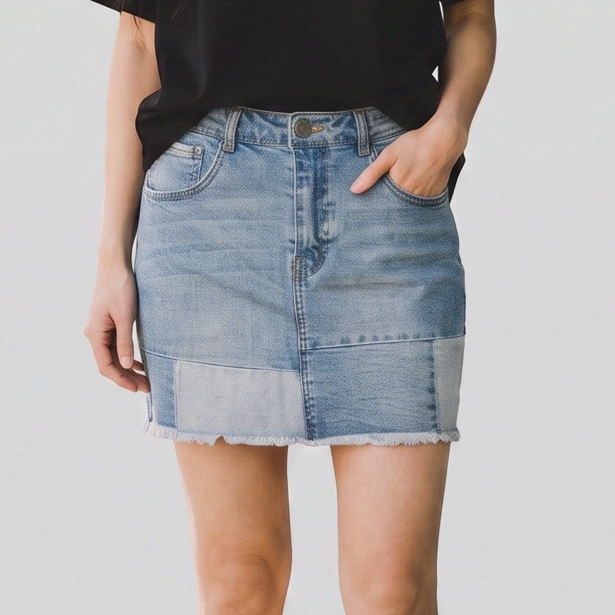 Black Label Cest Toi Patchwork Denim Mini Skirt Light Wash Frayed Hem CTB2375K L