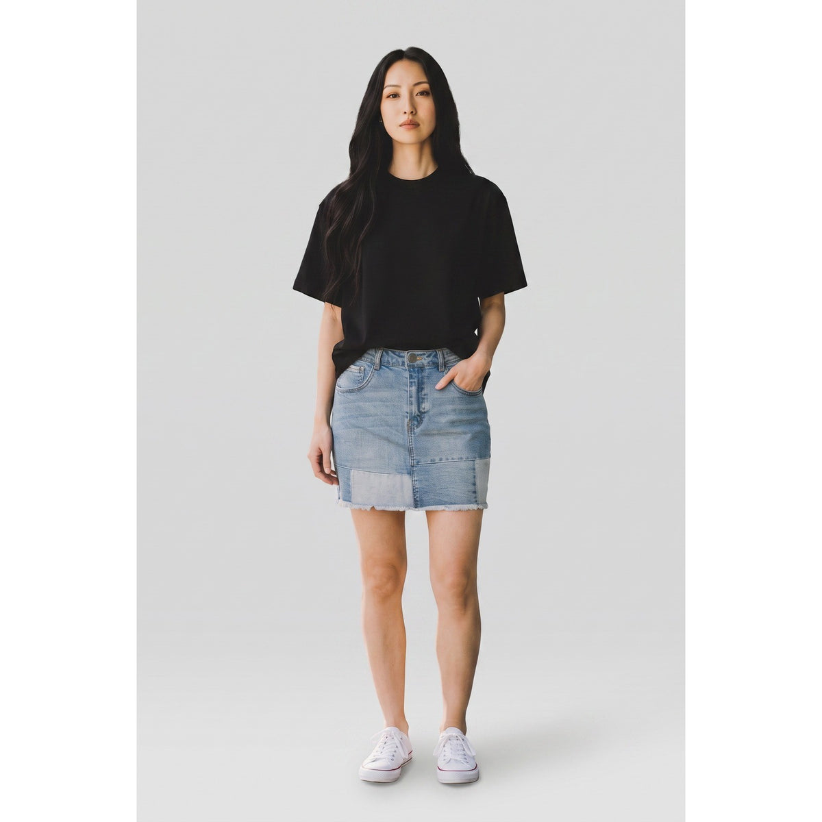 Black Label Cest Toi Patchwork Denim Mini Skirt Light Wash Frayed Hem CTB2375K L